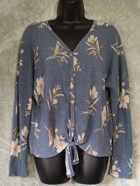 Paper Crane Blue Floral V-Neck Tie-Front Sweater